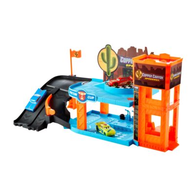 Disney And Pixar Cars Glow Racers Copper Canyon Glowing Garage Playset With 3 1:55 Scale Glow-in-The-Dark Vehicles