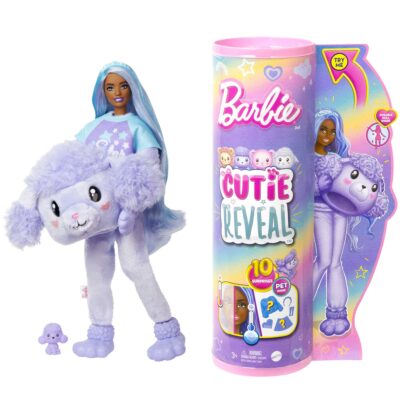 Barbie Cutie Reveal Doll & Accessories, Cozy Cute Tees Poodle, “Star” Tee, Blue & Purple Streaked Hair, Brown Eyes