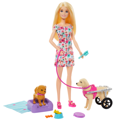 Barbie Doll With A Toy Pup And Dog in A Wheelchair, Plus Pet Accessories