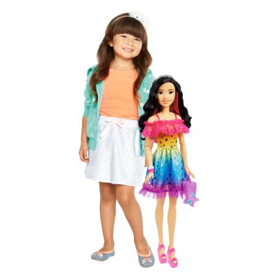 Large Barbie Doll, 28 Inches Tall, Black Hair And Rainbow Dress