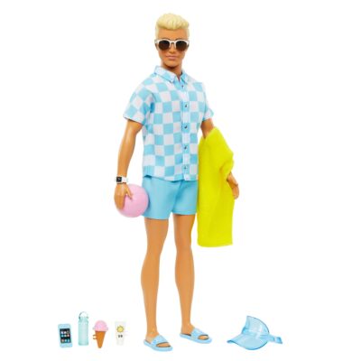 Blonde Ken Doll With Swim Trunks And Beach-Themed Accessories