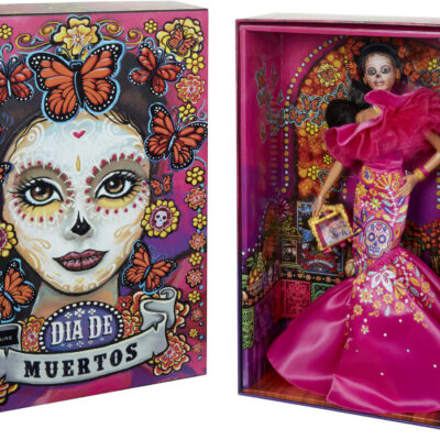 2023 Día De Muertos Barbie Doll Wearing Ruffled Pink Gown And Holding Tiny Ofrenda, Barbie Signature