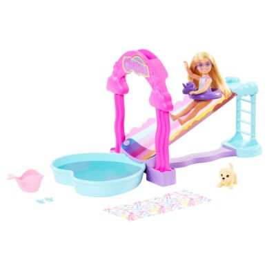 Barbie Chelsea Rainbow “Raining” Water Slide Toy Playset With Doll, Pup, & Accessories