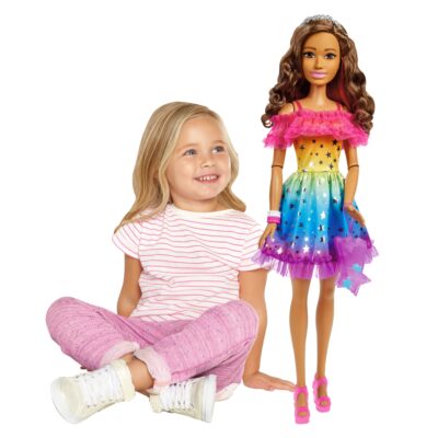 Large Barbie Doll, 28 Inches Tall, Brown Hair And Rainbow Dress