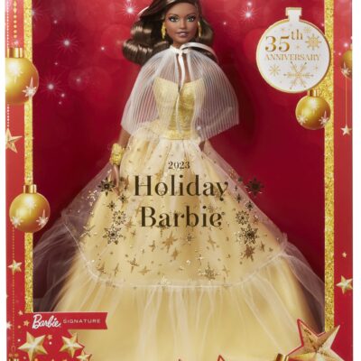 2023 Holiday Barbie Doll, Seasonal Collector Gift, Golden Gown And Dark Brown Hair