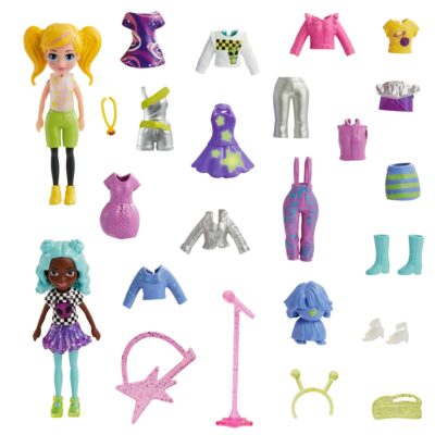 Polly Pocket 2 Dolls And 25 Accessories, Glow-in-The-Dark Pop Star Starlight Fashion Pack