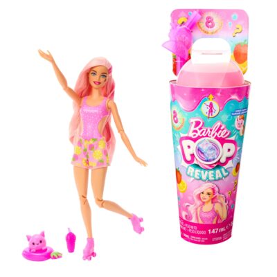 Barbie Pop Reveal Fruit Series Strawberry Lemonade Doll, 8 Surprises Include Pet, Slime, Scent & Color Change