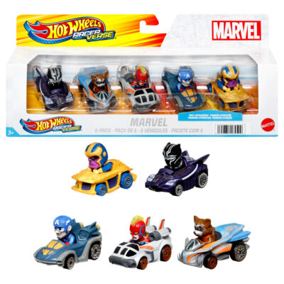 Hot Wheels Racerverse, Set Of 5 Die-Cast Hot Wheels Cars With Marvel Characters As Drivers