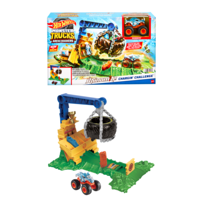 Hot Wheels Monster Trucks Rhinomite Chargin’ Challenge Playset With 1 Toy Truck & 2 Crushed Cars