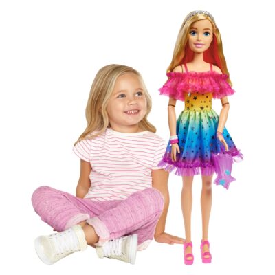 Large Barbie Doll, 28 inches Tall, Blond Hair And Rainbow Dress