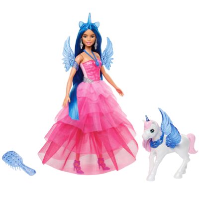 Barbie Unicorn Toy, 65Th Anniversary Doll With Blue Hair, Pink Gown & Pet Alicorn