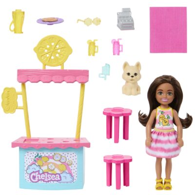 Barbie Chelsea Lemonade Stand Playset With Brunette Small Doll, Puppy, Stand & Accessories Barbie Chelsea Doll & Accessories, Lemonade Stand Playset With Brunette Small Doll, Puppy, Stand & Pieces