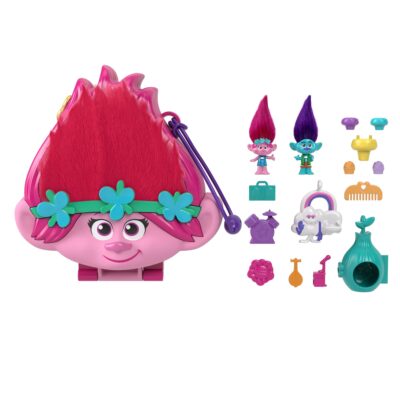 Polly Pocket & Dreamworks Trolls Compact Playset With Poppy & Branch Dolls & 13 Accessories