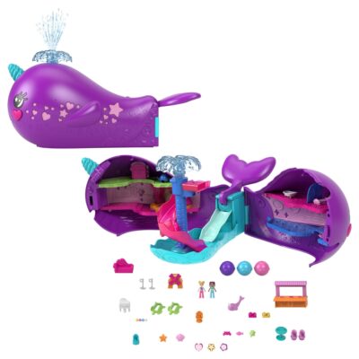 Polly Pocket Sparkle Cove Adventure Narwhal Adventurer Boat Playset With 2 Micro Dolls & 13 Accessories