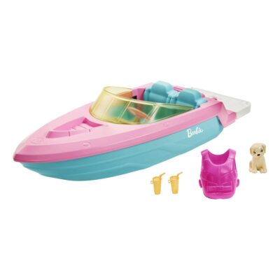 Barbie Boat With Puppy And Accessories, Fits 3 Dolls, Floats in Water, 3 To 7 Year Olds