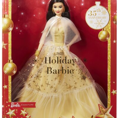 2023 Holiday Barbie Doll, Seasonal Collector Gift, Golden Gown And Black Hair