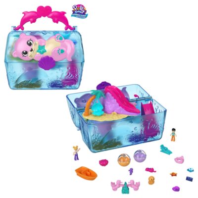 Polly Pocket Sparkle Cove Adventure Island Treasure Chest Playset With 2 Micro Dolls, 4 Animals & Accessories