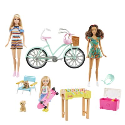 Barbie Coffret Cadeau, 2 Poupées Barbie, Poupée Chelsea, Vélo, Acc.