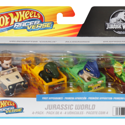 Hot Wheels Racerverse, Set Of 4 Die-Cast Hot Wheels Cars With Jurassic World Characters As Drivers