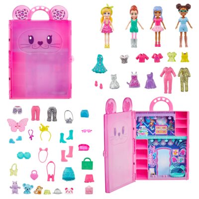 Polly Pocket Stylin’ Safari Fashion Collection Playset With 4 Dolls (3-inch), 3 Pets & 50 Accessories